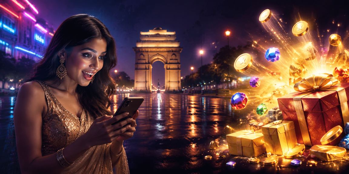 Neon lit India Gate representing vibrant mobile casino access